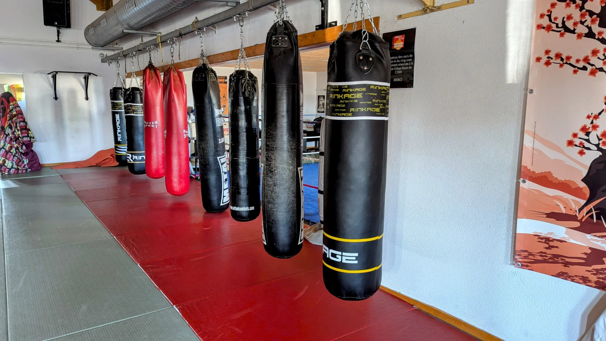 Sacs de frappe suspendus dans la salle